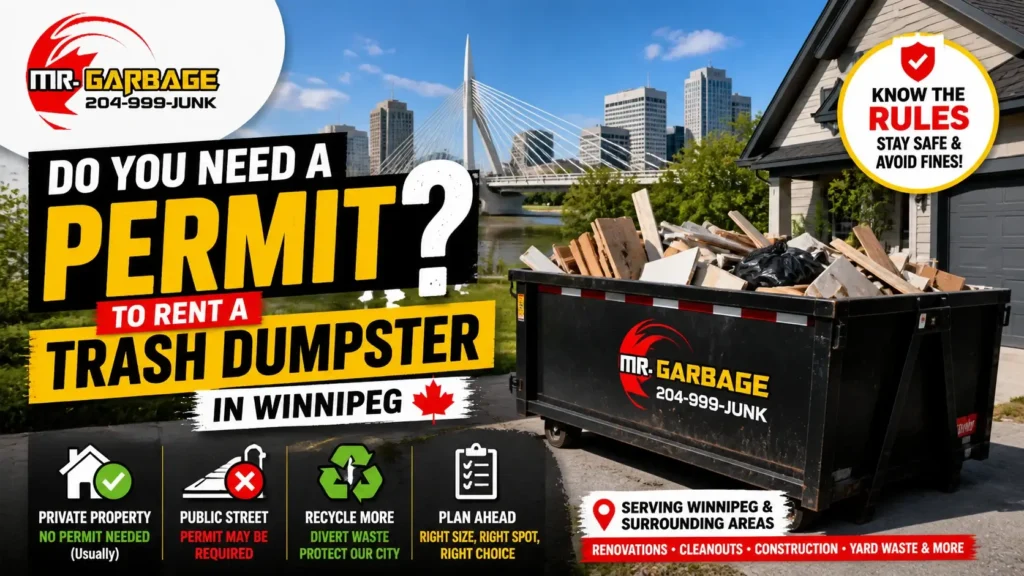 Winnipeg dumpster rental permit guide with Mr. Garbage bin, renovation debris, recycling icons, and safety tips for residential cleanup projects.”