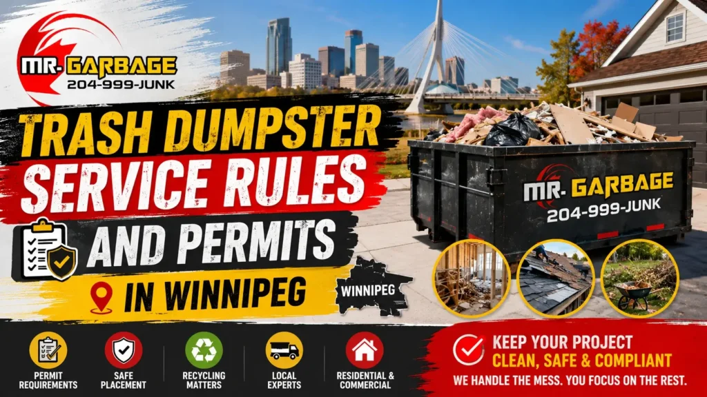 Trash dumpster service rules and permits in Winnipeg featuring Mr. Garbage dumpster rental bin for residential and commercial waste management, recycling, and renovation cleanup services in Manitoba.