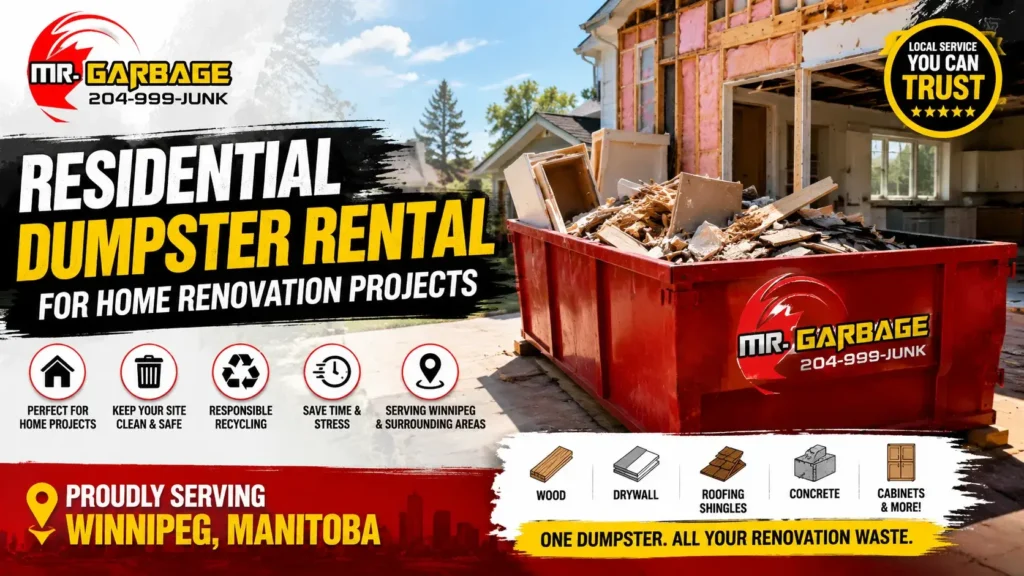 Residential dumpster rental for home renovation projects in Winnipeg featuring a large red Mr. Garbage dumpster filled with renovation debris outside a house under renovation, highlighting waste removal, recycling, and cleanup services in Manitoba.