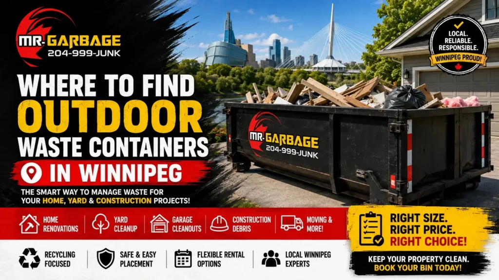 Outdoor waste containers in Winnipeg for home renovations, yard cleanup, garage cleanouts, and construction debris by Mr. Garbage bin rentals.