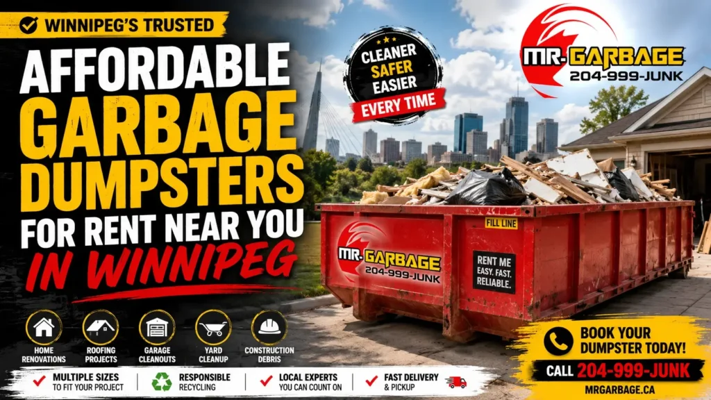 Affordable garbage dumpsters for rent in Winnipeg with Mr. Garbage dumpster bin for home renovations, roofing cleanup, garage junk removal, and construction waste disposal.