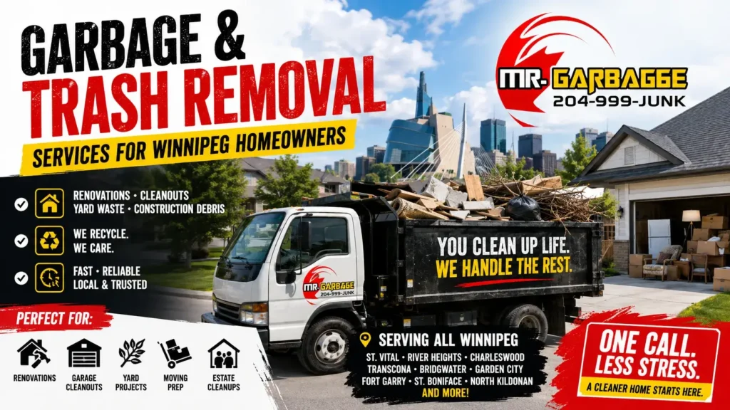 Professional garbage and trash removal services for Winnipeg homeowners featuring junk hauling, dumpster rental, renovation cleanup, recycling, and yard waste removal.