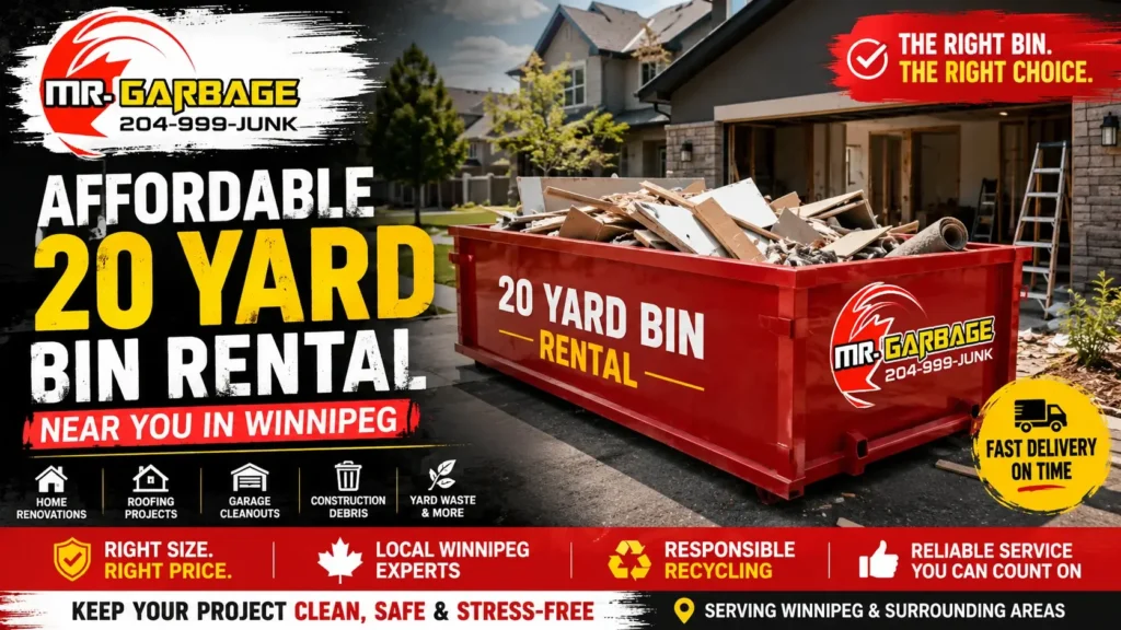 Affordable 20 yard bin rental near you in Winnipeg by Mr. Garbage, featuring a large dumpster for home renovations, roofing, garage cleanouts and waste removal.
