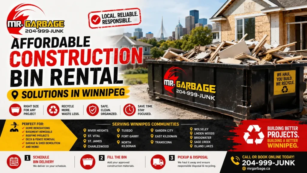 Affordable construction bin rental solutions in Winnipeg by Mr. Garbage featuring a renovation site, large waste bin, recycling graphics, and home cleanup services.
