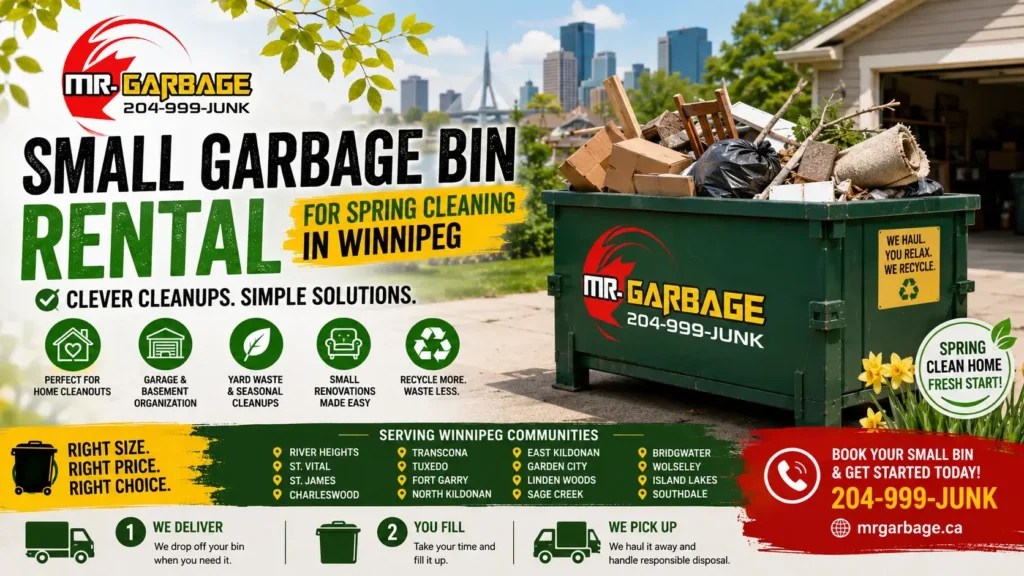 Small garbage bin rental for spring cleaning in Winnipeg by Mr. Garbage featuring a residential cleanup bin, recycling graphics, and seasonal home decluttering services.