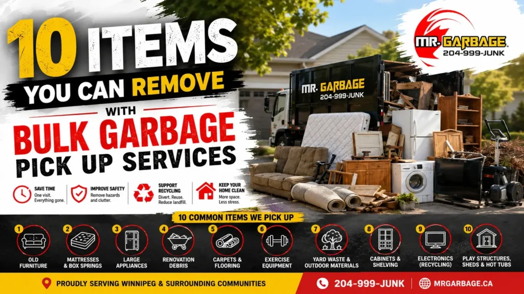 Bulk garbage pick up services in Winnipeg with Mr. Garbage truck removing furniture, appliances, renovation debris, mattresses, and yard waste from a residential home.
