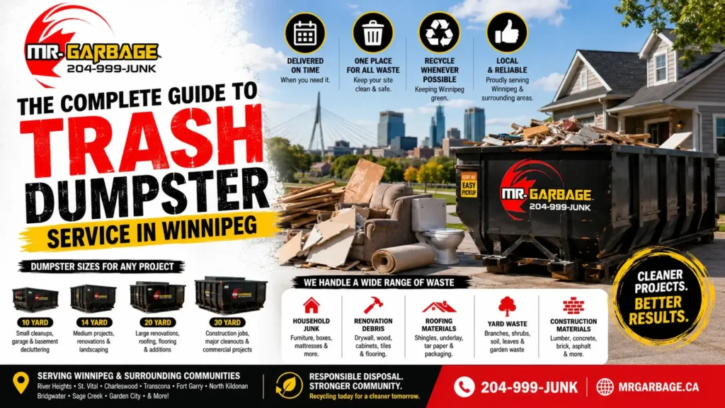 Trash dumpster service in Winnipeg by Mr. Garbage featuring a residential dumpster rental for home renovations, construction debris, junk removal, and waste disposal.