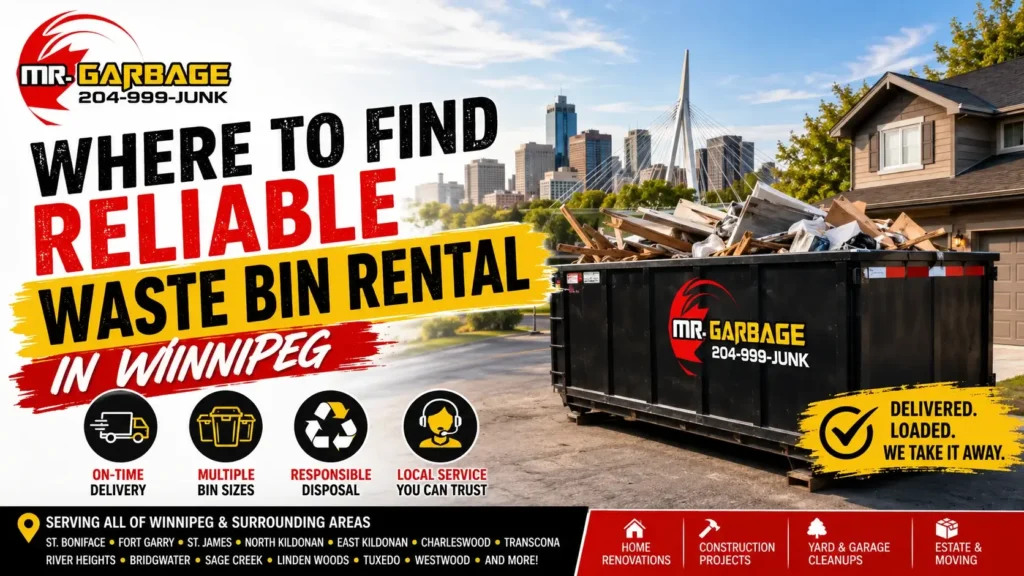 Reliable waste bin rental in Winnipeg by Mr. Garbage featuring a roll-off dumpster for home renovation cleanup, fast local delivery, responsible waste disposal, and multiple bin sizes.