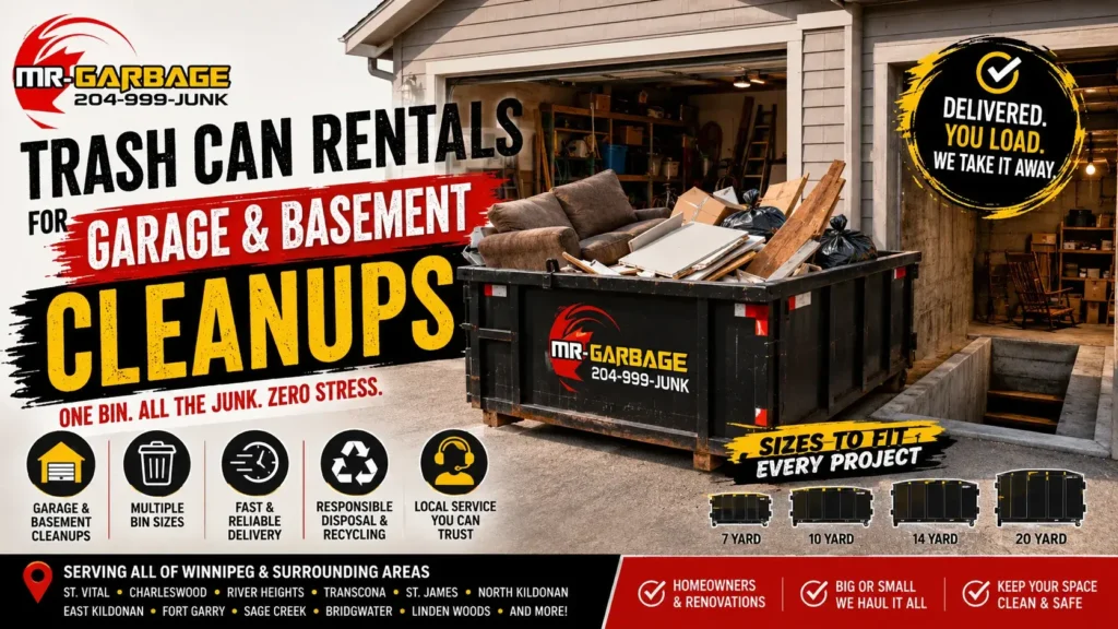 Trash can rentals for garage and basement cleanups in Winnipeg by Mr. Garbage featuring a roll-off dumpster, fast delivery, multiple bin sizes, and responsible waste disposal.