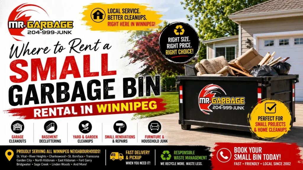 Small garbage bin rental in Winnipeg by Mr. Garbage for garage cleanouts, basement decluttering, yard waste, and home renovation debris removal.