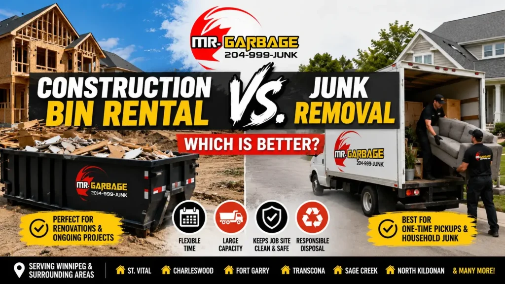 Construction bin rental vs junk removal in Winnipeg featuring a Mr. Garbage roll-off dumpster and junk removal truck for home renovation waste disposal.