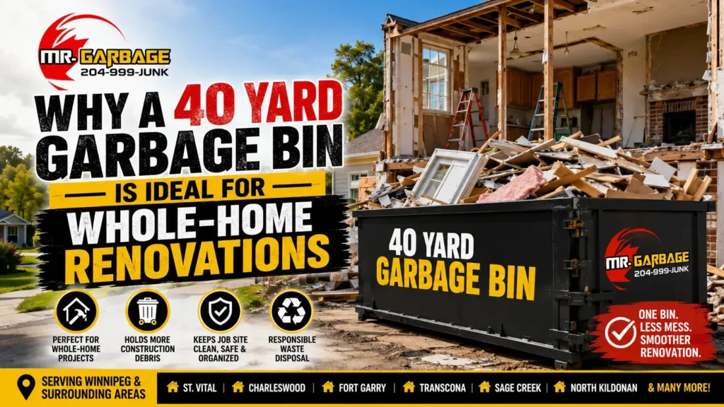 40 yard garbage bin for whole-home renovations in Winnipeg featuring a Mr. Garbage roll-off dumpster filled with construction debris at a renovation site.