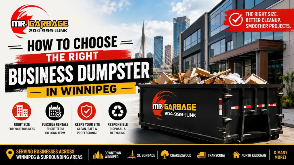 Business dumpster rental in Winnipeg featuring a Mr. Garbage commercial roll-off bin for office, retail, warehouse, and construction waste management.
