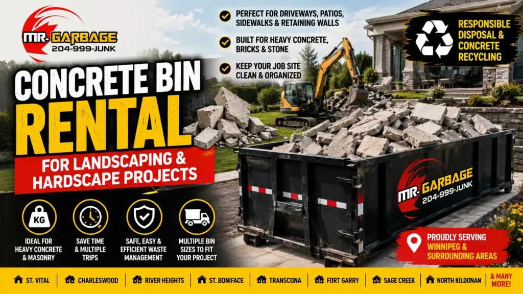 Concrete bin rental for landscaping and hardscape projects in Winnipeg featuring a Mr. Garbage roll-off bin for concrete, brick, stone, and patio debris.