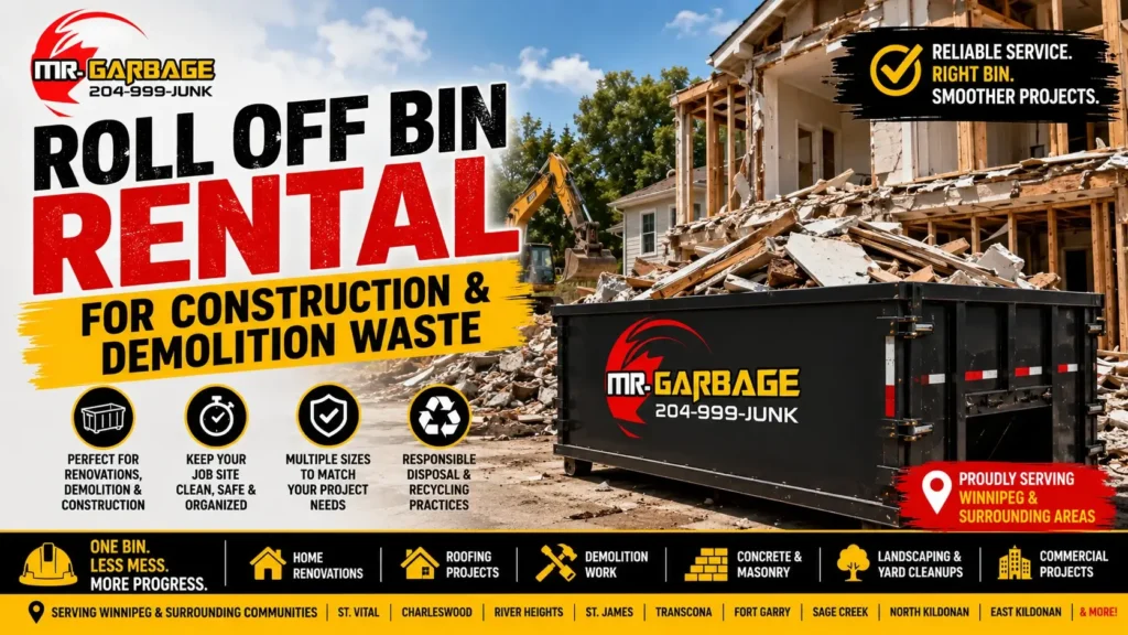 Roll off bin rental for construction and demolition waste in Winnipeg featuring a Mr. Garbage dumpster for renovation, roofing, concrete, and cleanup debris.