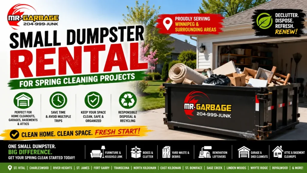 Small dumpster rental for spring cleaning projects in Winnipeg featuring a Mr. Garbage dumpster for household junk, garage cleanouts, yard waste, and clutter.
