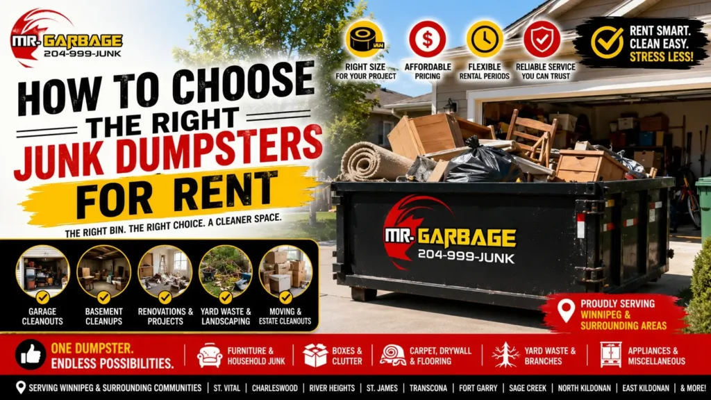 Junk dumpsters for rent in Winnipeg featuring a Mr. Garbage dumpster for garage cleanouts, moving, estate cleanups, household junk, and renovation debris.