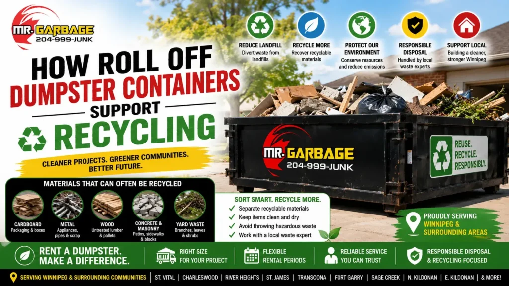 Roll off dumpster containers supporting recycling in Winnipeg featuring a Mr. Garbage dumpster for construction debris, yard waste, and recyclable materials.