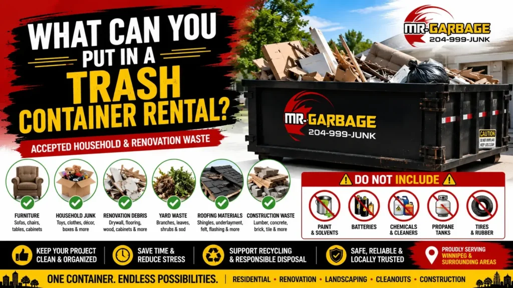 Trash container rental in Winnipeg featuring a Mr. Garbage dumpster for household junk, furniture, renovation debris, yard waste, and construction materials.