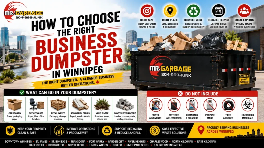 Feature image for How to Choose the Right Business Dumpster in Winnipeg by Mr. Garbage, highlighting commercial dumpster rentals, waste management, and recycling services.