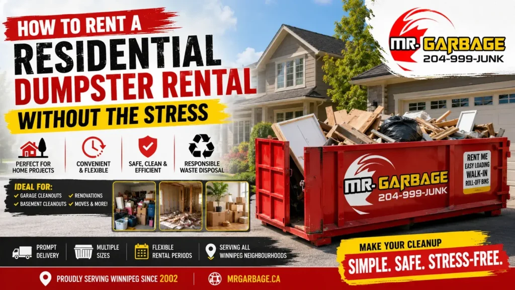 Residential dumpster rental in Winnipeg by Mr. Garbage featuring a walk-in roll-off bin for home renovations, garage cleanouts, moving, and household waste disposal.