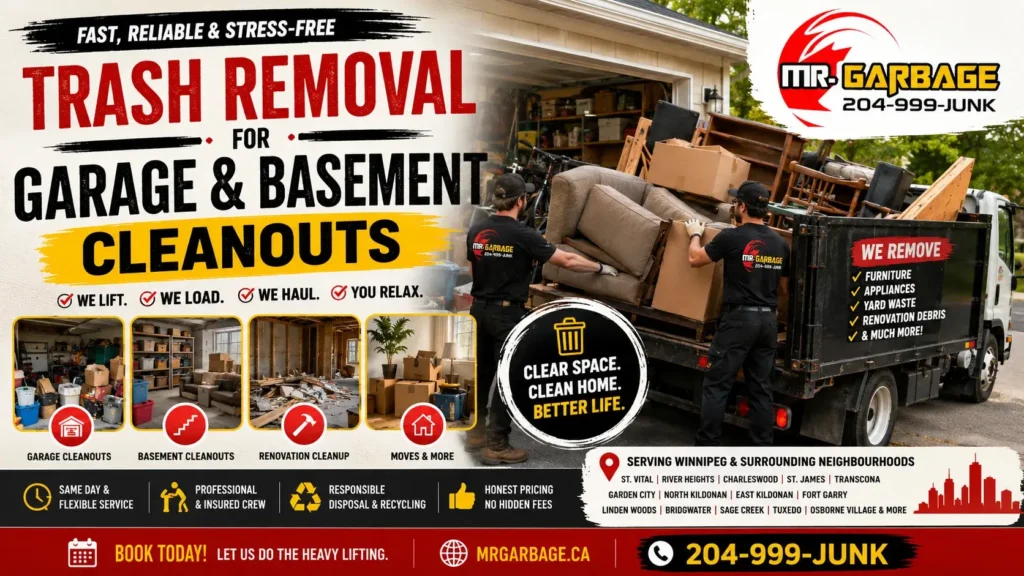 Trash removal for garage and basement cleanouts in Winnipeg by Mr. Garbage, offering junk removal, furniture hauling, renovation debris cleanup, and recycling.