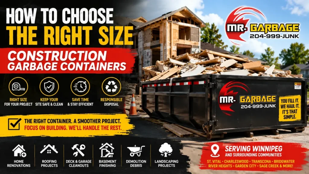Construction garbage container at a Winnipeg home renovation site with Mr. Garbage roll-off dumpster, helping homeowners choose the right size for construction waste removal.