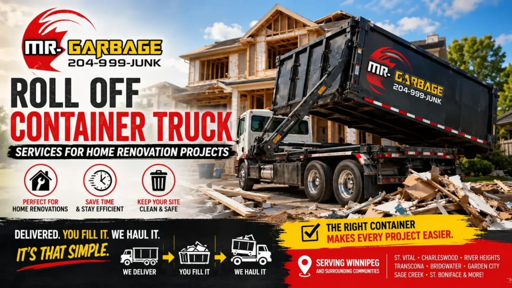 Roll off container truck delivering a Mr. Garbage dumpster for a Winnipeg home renovation, providing efficient construction waste removal and debris disposal services.