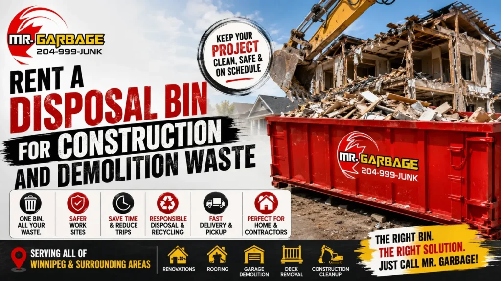 Rent a disposal bin for construction and demolition waste in Winnipeg with Mr. Garbage roll-off bins for home renovations, roofing, garage demolition, and cleanup.