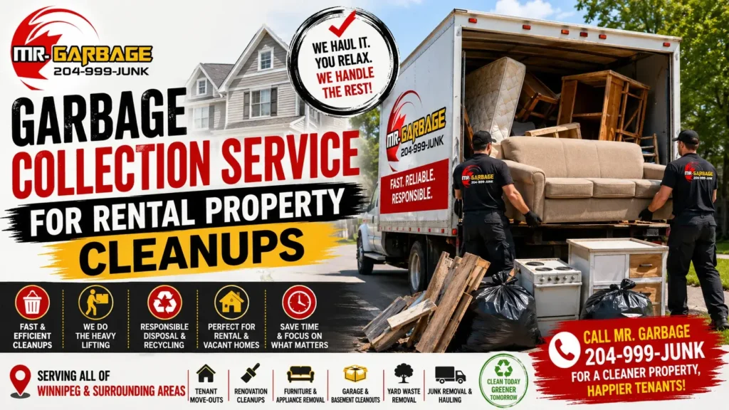 Mr. Garbage garbage collection service for rental property cleanups in Winnipeg, offering junk removal, furniture disposal, waste collection, and eco-friendly cleanup.