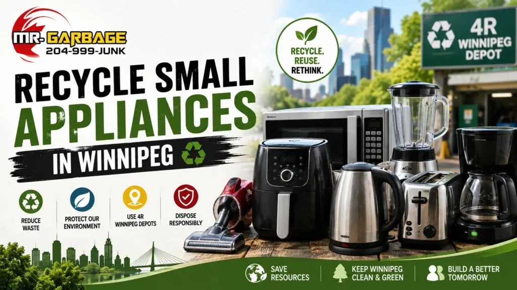 Small appliance recycling in Winnipeg featuring Mr. Garbage, reusable household appliances, 4R Winnipeg Depot, responsible disposal, and eco-friendly waste management.