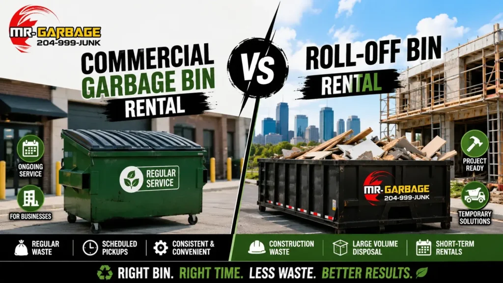 Commercial garbage bin rental vs roll-off bin rental in Winnipeg, comparing ongoing business waste service with temporary bins for construction and cleanup projects.