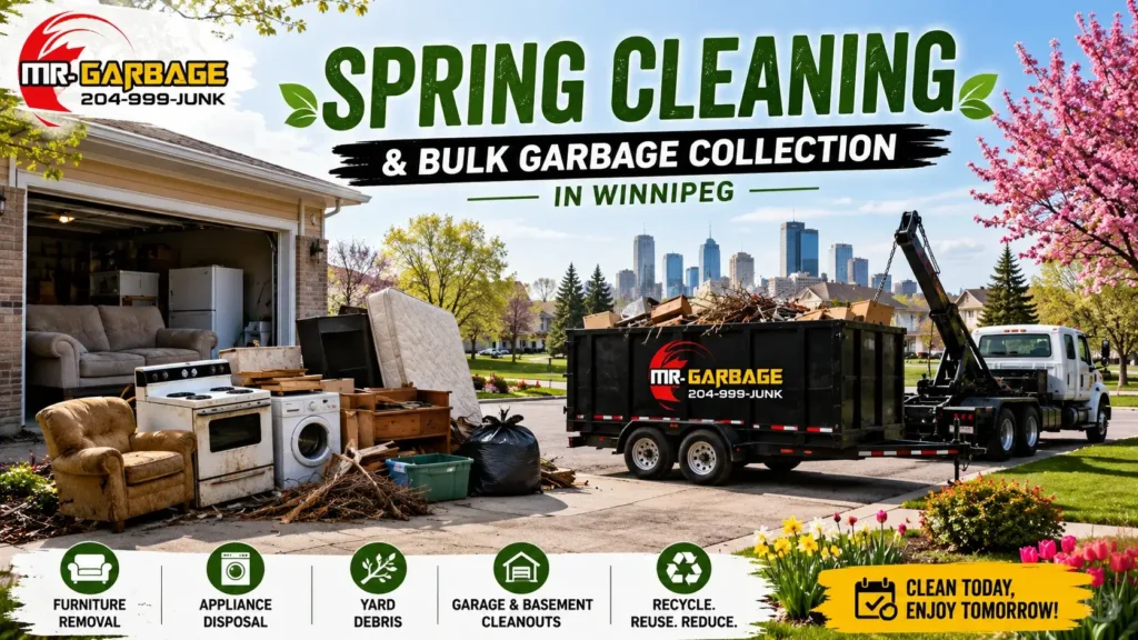 Spring cleaning and bulk garbage collection in Winnipeg featuring Mr. Garbage removal truck, furniture, appliances, yard debris, and home cleanout services.