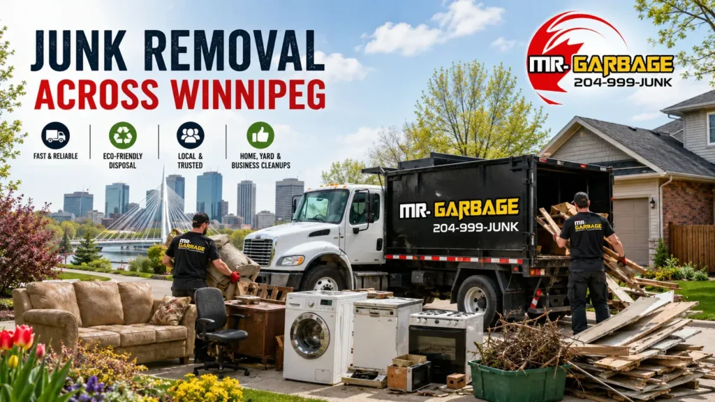 Junk removal companies across Winnipeg featuring Mr. Garbage truck, workers removing furniture, appliances, yard debris, and renovation waste from local homes.