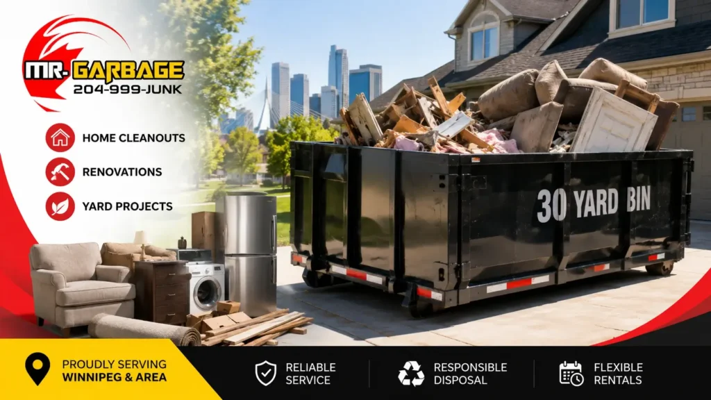 30-yard bin rental in Winnipeg for home cleanouts, renovations, yard projects and large debris removal, with reliable waste disposal by Mr. Garbage.