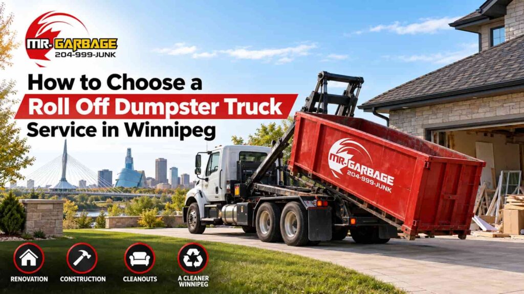 Roll off dumpster truck service in Winnipeg featuring a Mr. Garbage dumpster for home renovations, construction projects, and residential cleanouts.