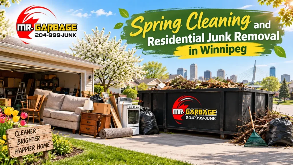 Spring cleaning and residential junk removal in Winnipeg featuring household clutter, yard debris, and a dumpster from Mr. Garbage for efficient home cleanup services.