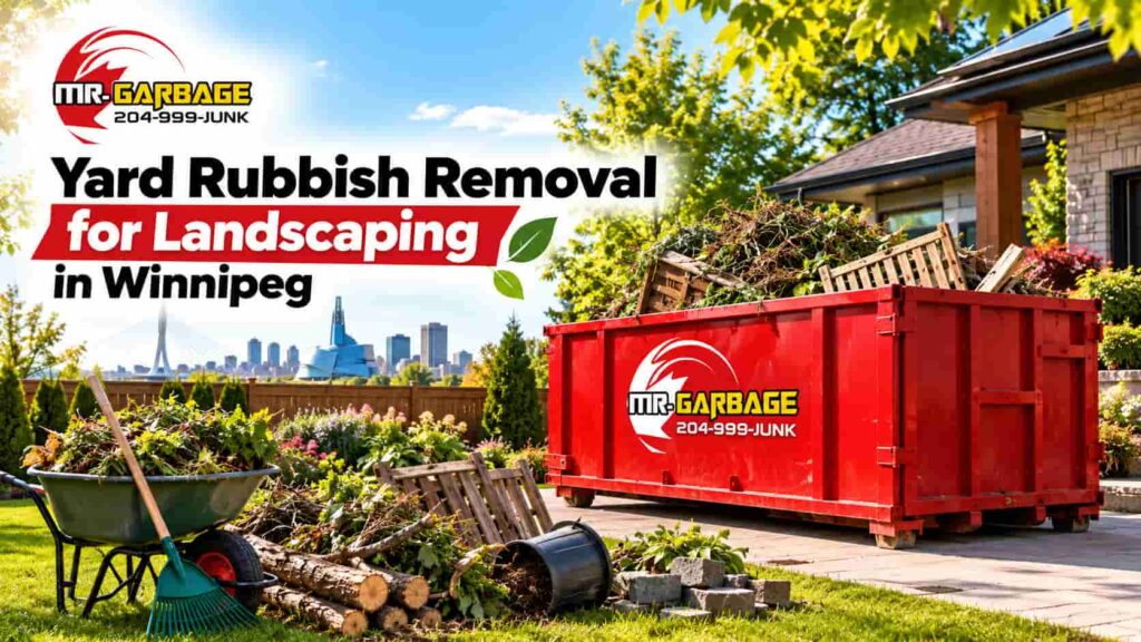 Yard rubbish removal in Winnipeg by Mr. Garbage, featuring a red rental dumpster for landscaping debris, branches, old wood, and garden waste cleanup.