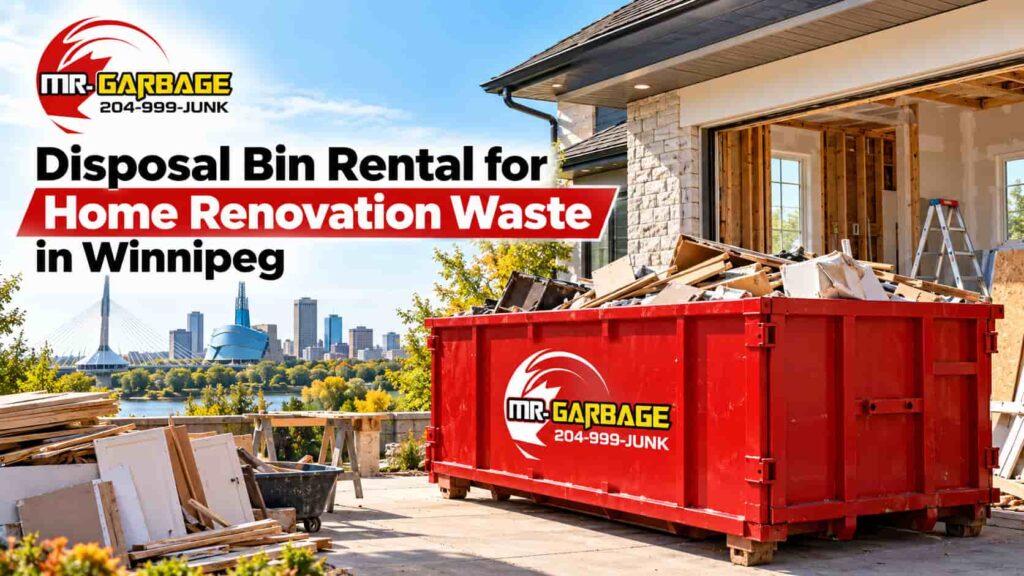 Disposal bin rental in Winnipeg for home renovation waste, featuring a Mr. Garbage dumpster at a residential construction site with renovation debris.